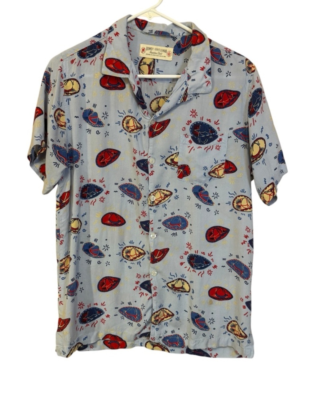 Rowdy Gentleman Men Blue Western Hat Print Short Sleeve Button Shirt Medium